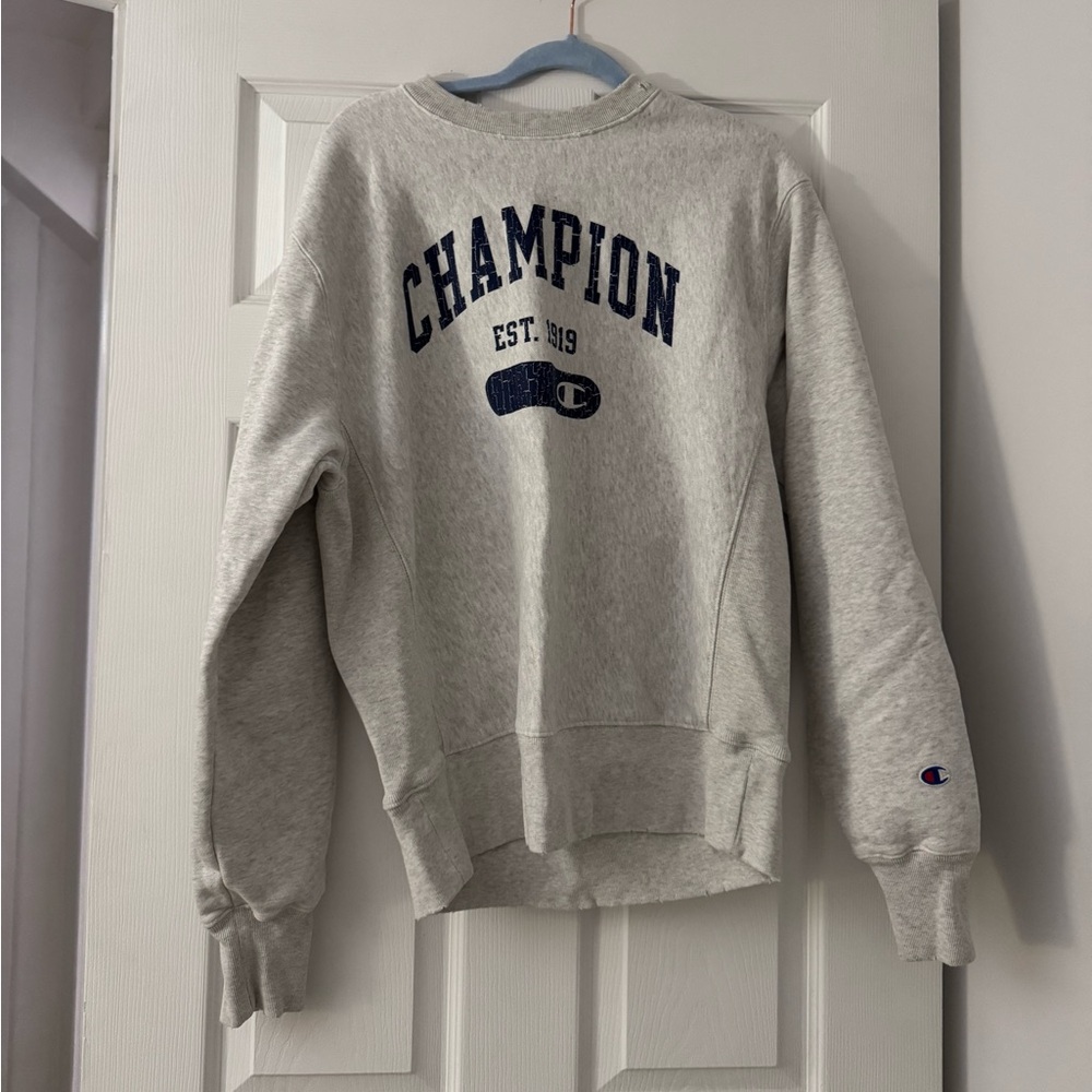 Champion Heather Gray Crewneck with Navy Logo